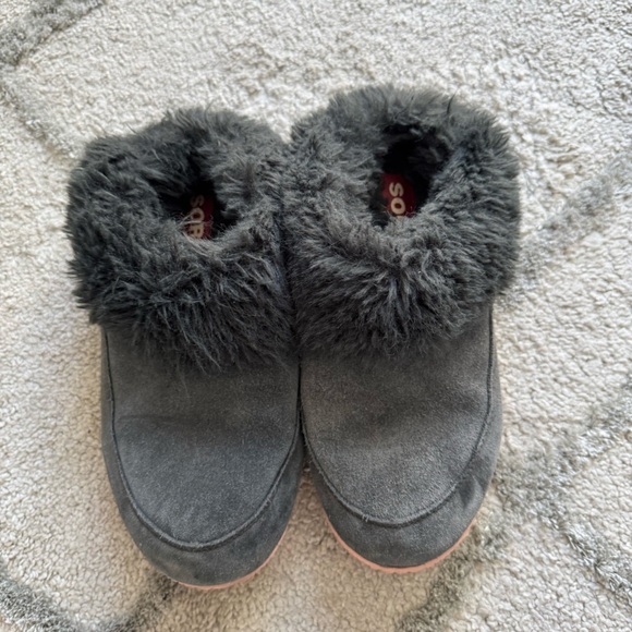 SOREL slippers GO COFFEE RUN gray leather faux fur slip on slides shoes 8 - Picture 3 of 12